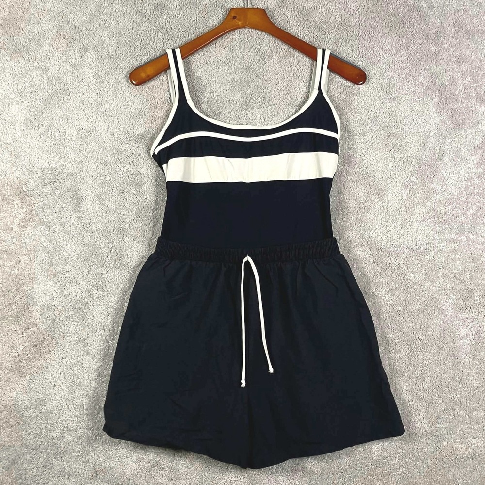 Vintage Matari Sport Womens Swim Dress Romper Black White Size 12 Made in USA